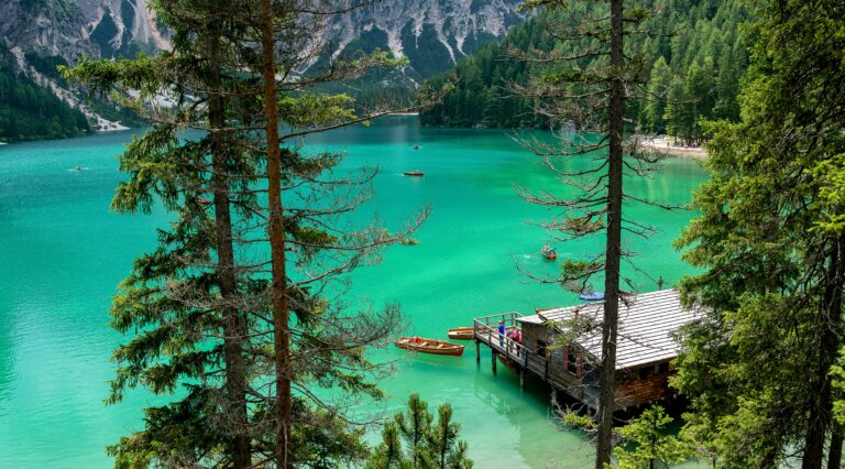 Scenic view of a tranquil alpine lake surrounded by trees and mountains, perfect for relaxation.