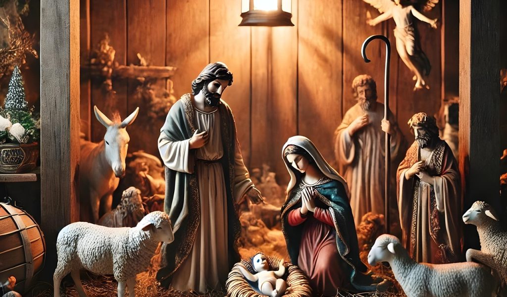 christmas, nativity, nativity scene, holy family, christmas decor, holiday tradition, religious scene, christmas spirit, warm lighting, realistic details, cozy ambiance, craftsmanship